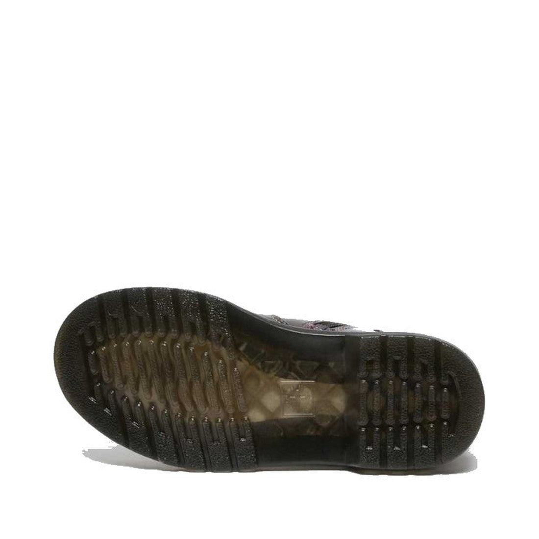 The image displays the bottom view of the Dr Martens Kids Juniors 2976 J Chelsea Boot Black Lightshow Sparkle Rays, highlighting its black sole with tread patterns and a translucent section showing inner details, set against a white background., 190665495