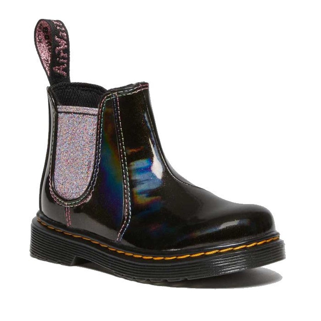 Image of right foot, side on of Dr Martens Kids Toddlers 2976 T Chelsea Boot Black Lightshow Sparkle Rays-Foot Forward Shoes