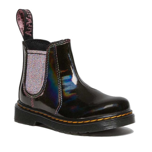 Image of right foot, side on of Dr Martens Kids Toddlers 2976 T Chelsea Boot Black Lightshow Sparkle Rays-Foot Forward Shoes