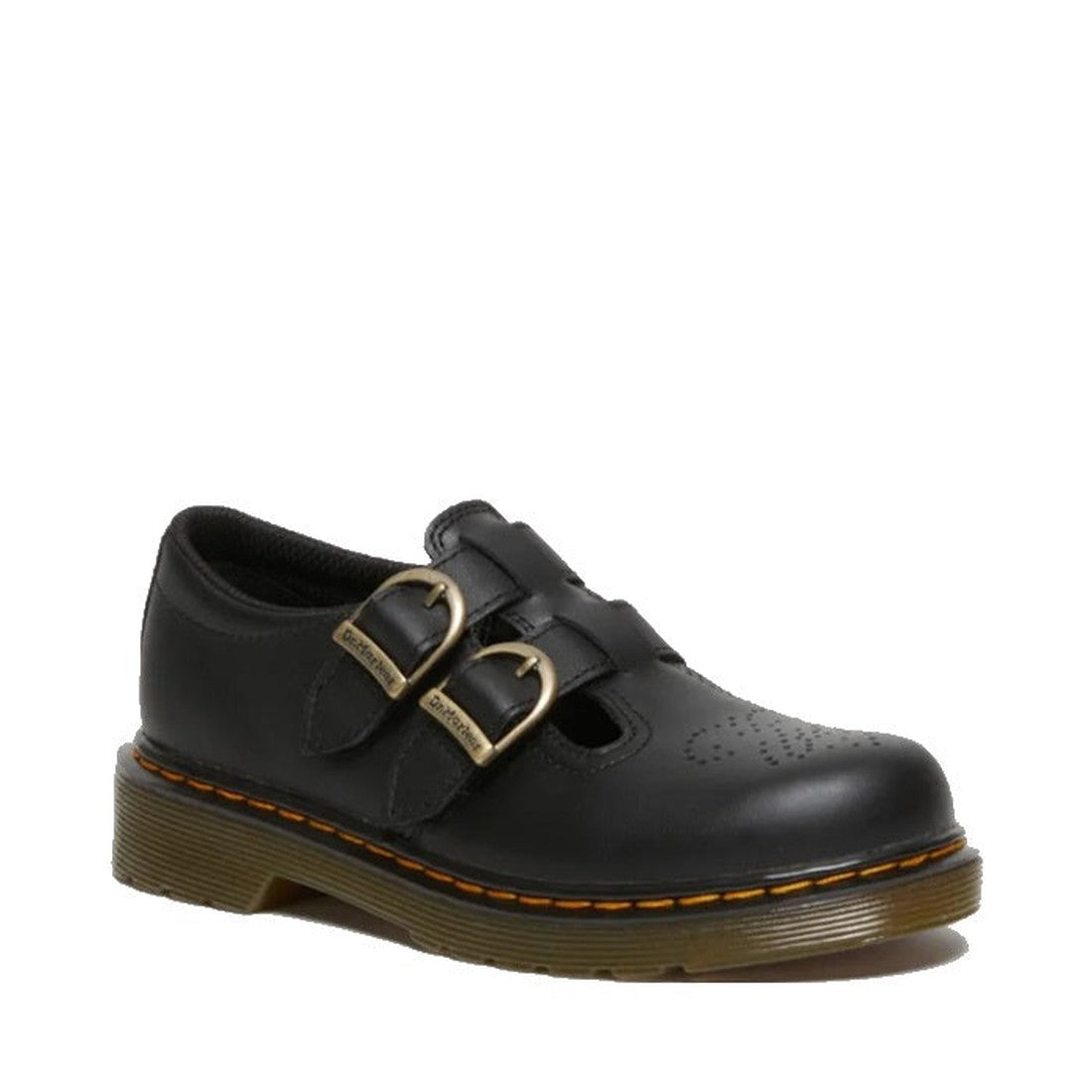 The Dr Martens Kids 8065 J Black Softy T Mary Jane Leather Shoe features two brass buckles, perforated toe detailing, a thick grooved air-cushioned sole, and visible yellow stitching for a classic, sturdy look.