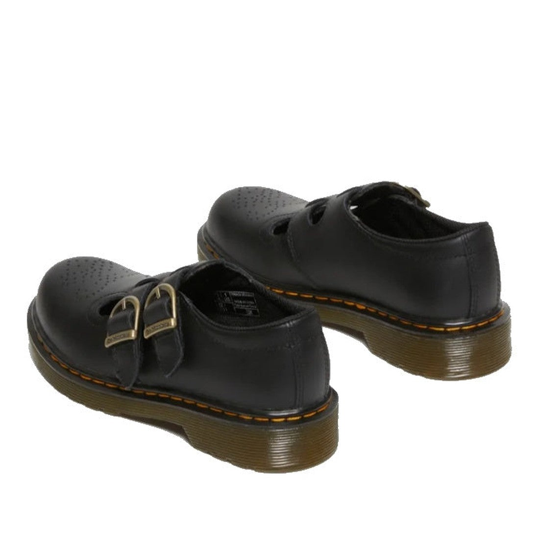 The Dr Martens Kids 8065 J Black Softy T Mary Jane Leather Shoe features black Softy T leather, double buckle straps, thick translucent brown air-cushioned soles, and yellow stitching. The shoes are shown from the back and slightly above., 41982, 41983, 1