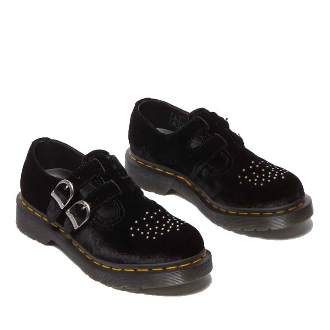 The Dr Martens 8065 2 Strap Mary Jane Vegan Black Velvet features double silver buckles, decorative brogue studs on a perforated toe, and yellow stitching around the soles., 190665660456, 190665660463, 190665660470, 190665660494, 190665660500, 19066566051