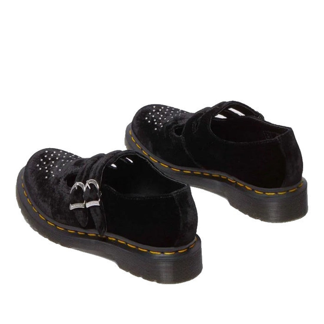 The Dr Martens 8065 2 Strap Mary Jane Vegan Black Velvet shoes feature thick rubber soles, yellow stitching, silver bat-shaped buckles, brogue studs on the toe, and decorative black laces for a bold, stylish look., 190665660456, 190665660463, 190665660470