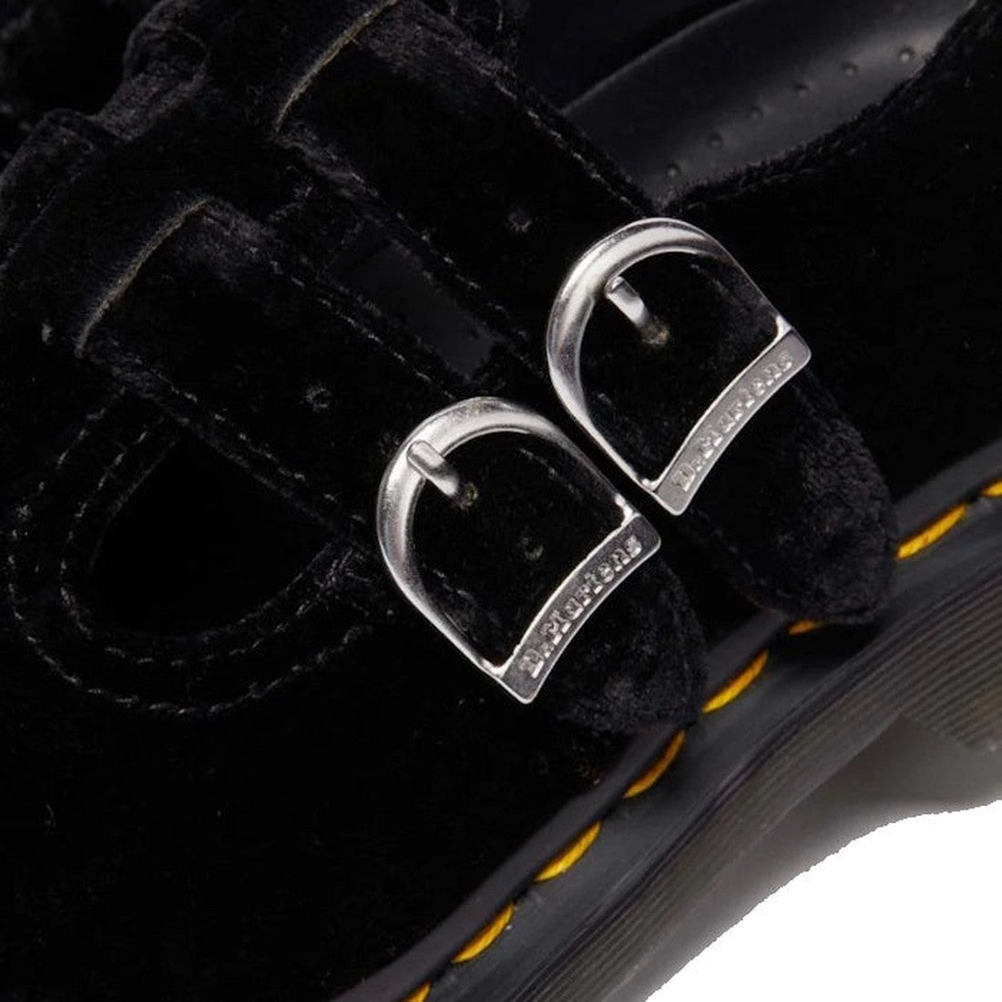 Close-up of Dr Martens 8065 2 Strap Mary Jane Vegan Black Velvet shoes with two silver buckle straps and yellow stitching—these vegan Mary Janes bring classic style to any outfit., 190665660456, 190665660463, 190665660470, 190665660494, 190665660500, 1906