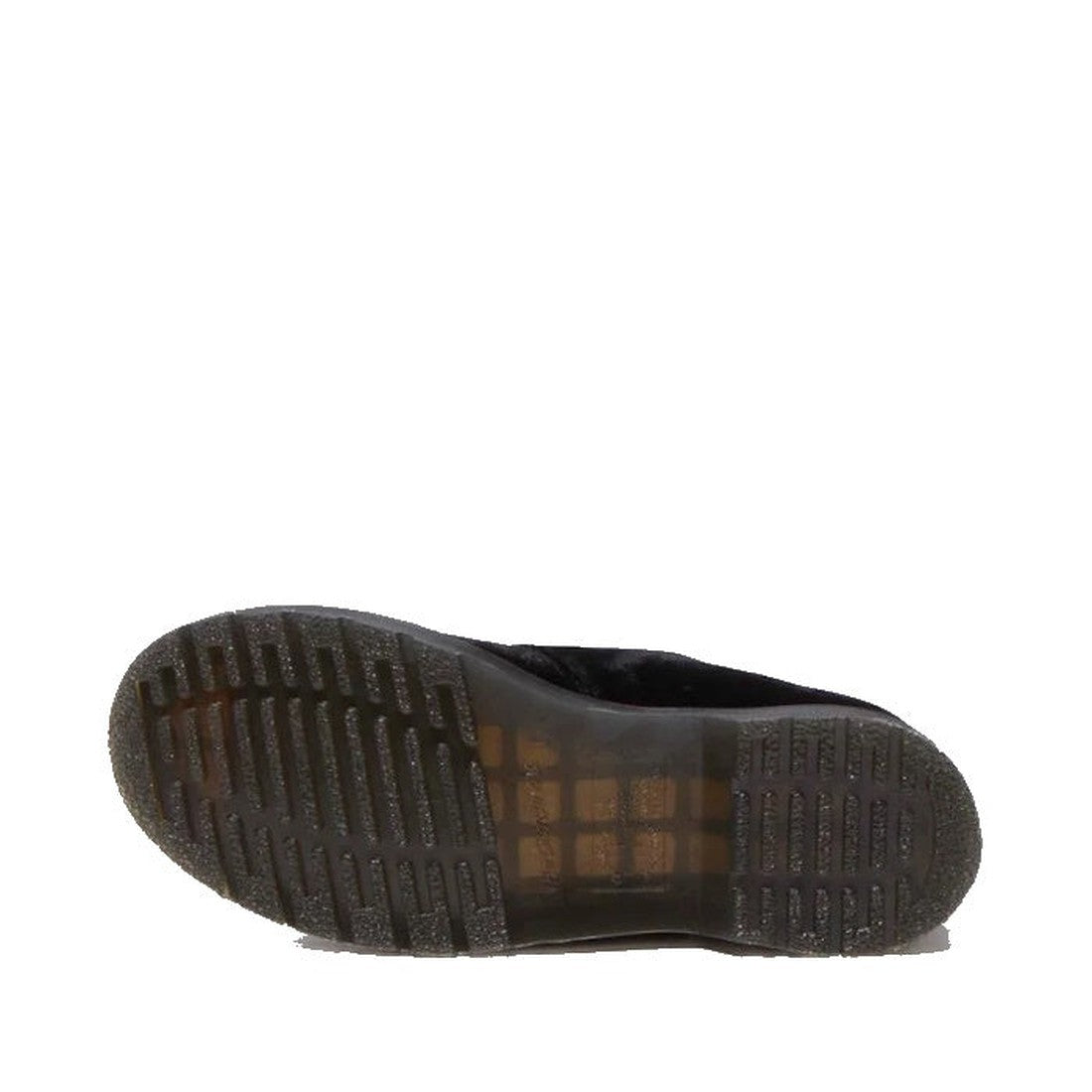 The image shows the bottom view of a Dr Martens 8065 2 Strap Mary Jane Vegan Black Velvet shoe with a ridged, textured rubber sole against a plain white background., 190665660456, 190665660463, 190665660470, 190665660494, 190665660500, 190665660517