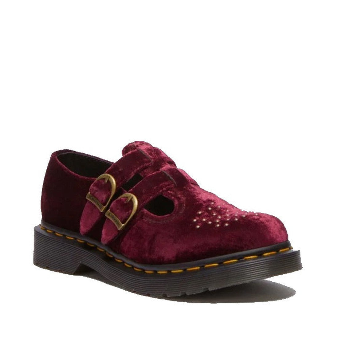 The Dr Martens 8065 2 Strap Mary Jane Vegan Cherry Red Velvet is a single burgundy velvet shoe with two buckle straps, decorative toe holes, and a thick black Goodyear-welted sole with yellow stitching.
