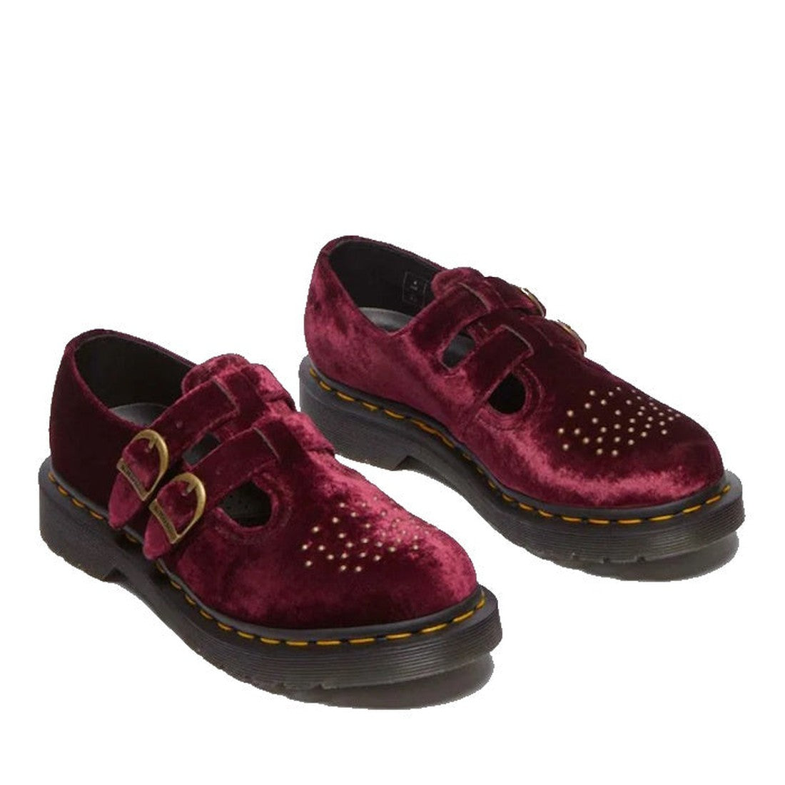 The Dr Martens 8065 2 Strap Mary Jane Vegan Cherry Red Velvet features double straps with gold buckles, decorative perforations on the toe, and thick black Goodyear-welted soles with yellow stitching., 42014, 190665660548, 190665660555, 190665660579, 4201