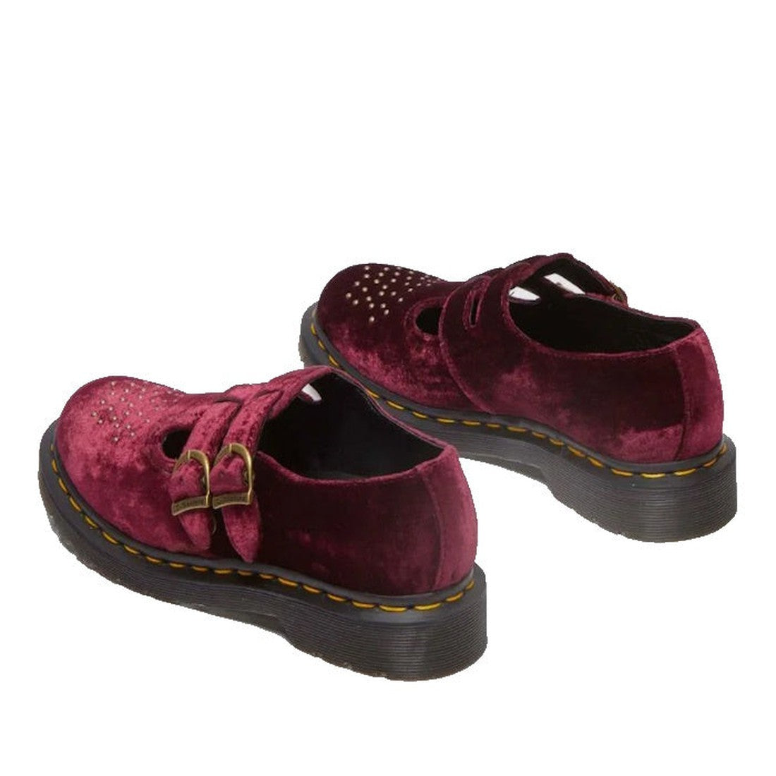 The Dr Martens 8065 2 Strap Mary Jane Vegan Cherry Red Velvet features double buckled straps, perforated toe details, and thick black Goodyear-welted soles with yellow stitching., 42014, 190665660548, 190665660555, 190665660579, 42018, 42019