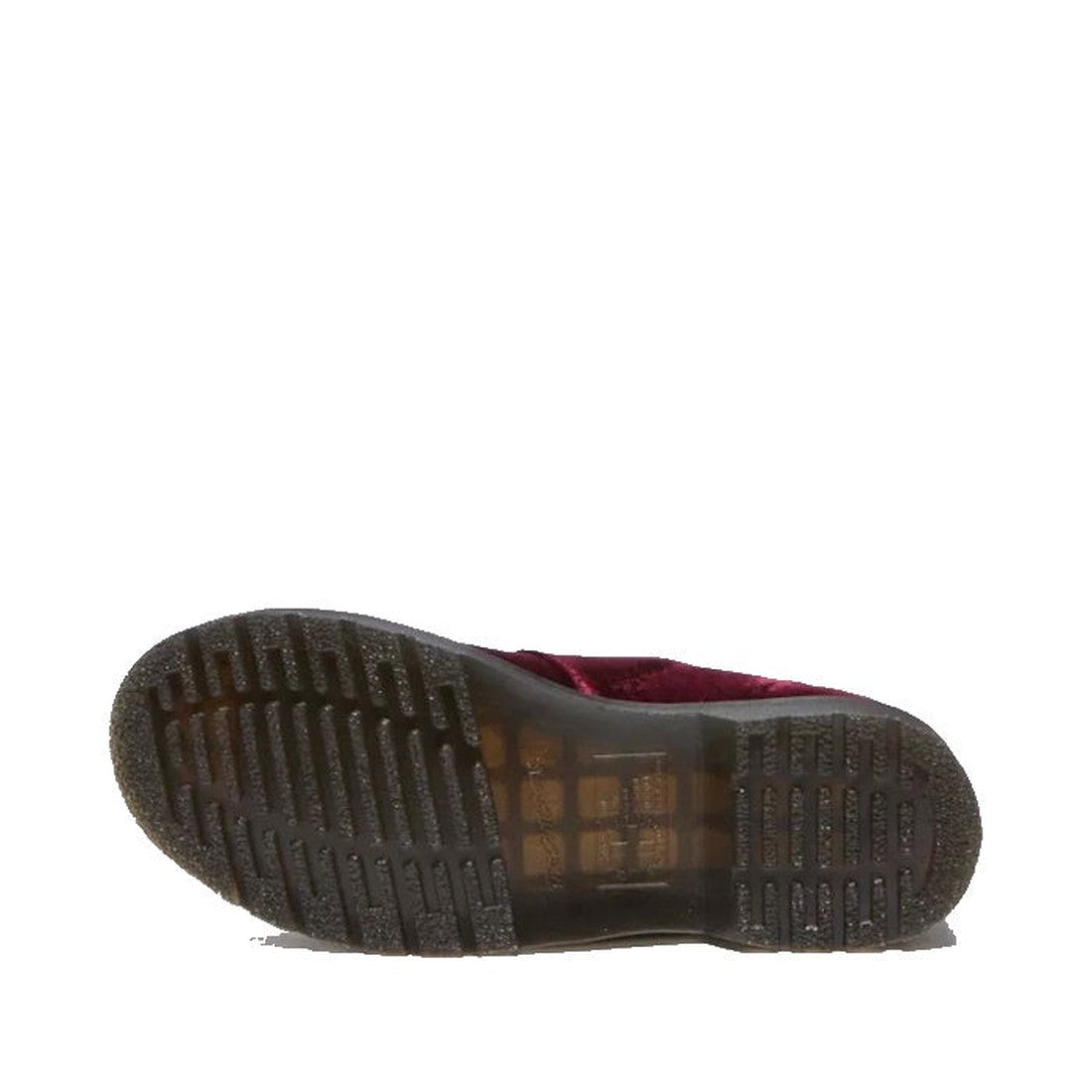 The image shows the sole of a Dr Martens 8065 2 Strap Mary Jane Vegan Cherry Red Velvet shoe, viewed from the bottom. The textured, grooved sole offers grip and traction. The background is plain white., 42014, 190665660548, 190665660555, 190665660579, 420
