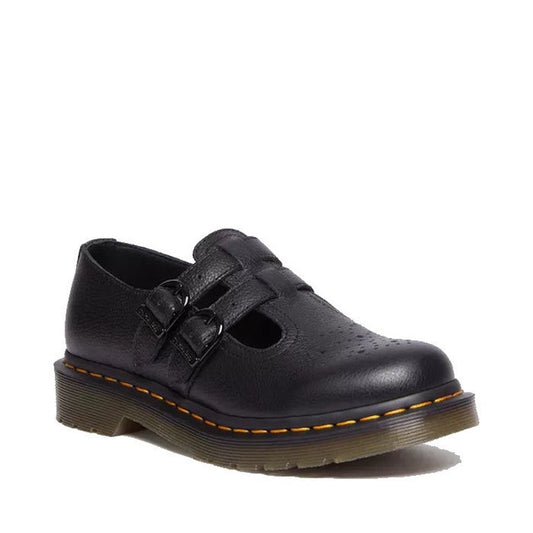 Dr Martens 8065 Mary Jane in soft black leather, with two buckle straps, sturdy sole, yellow stitching, and cute perforations.  ksnz
