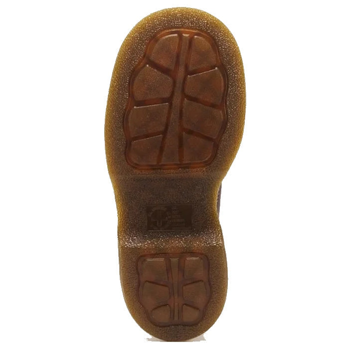 Featuring a chunky barrel-edge Buzz sole inspired by classic 90s silhouettes, the Dr Martens Buzz 5i Dark Brown Grizzly Leather Shoe displays a brown sole with a textured tread pattern for visible grip and a rectangular embossed logo area near the heel, p