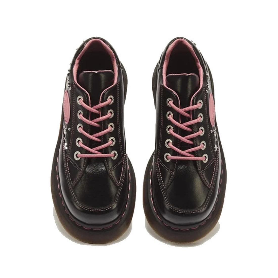 Dr Martens Buzz 5i Hearts & Stars Milled Gloss Leather Shoes in black with pink laces, pink lining, heart and star accents, and a Goodyear welted sole., 54732, 190665823745, 190665823752, 190665823776, 54736, 54737
