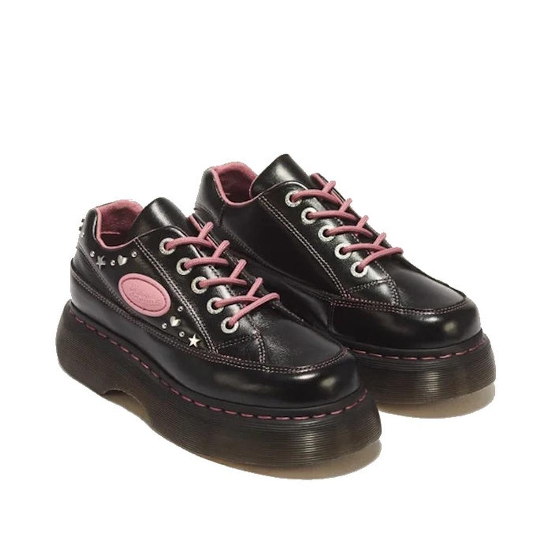 Dr Martens Buzz 5i Hearts & Stars Milled Gloss Leather Shoes in black, featuring pink laces, pink lining, and silver star and heart stud details., 54732, 190665823745, 190665823752, 190665823776, 54736, 54737