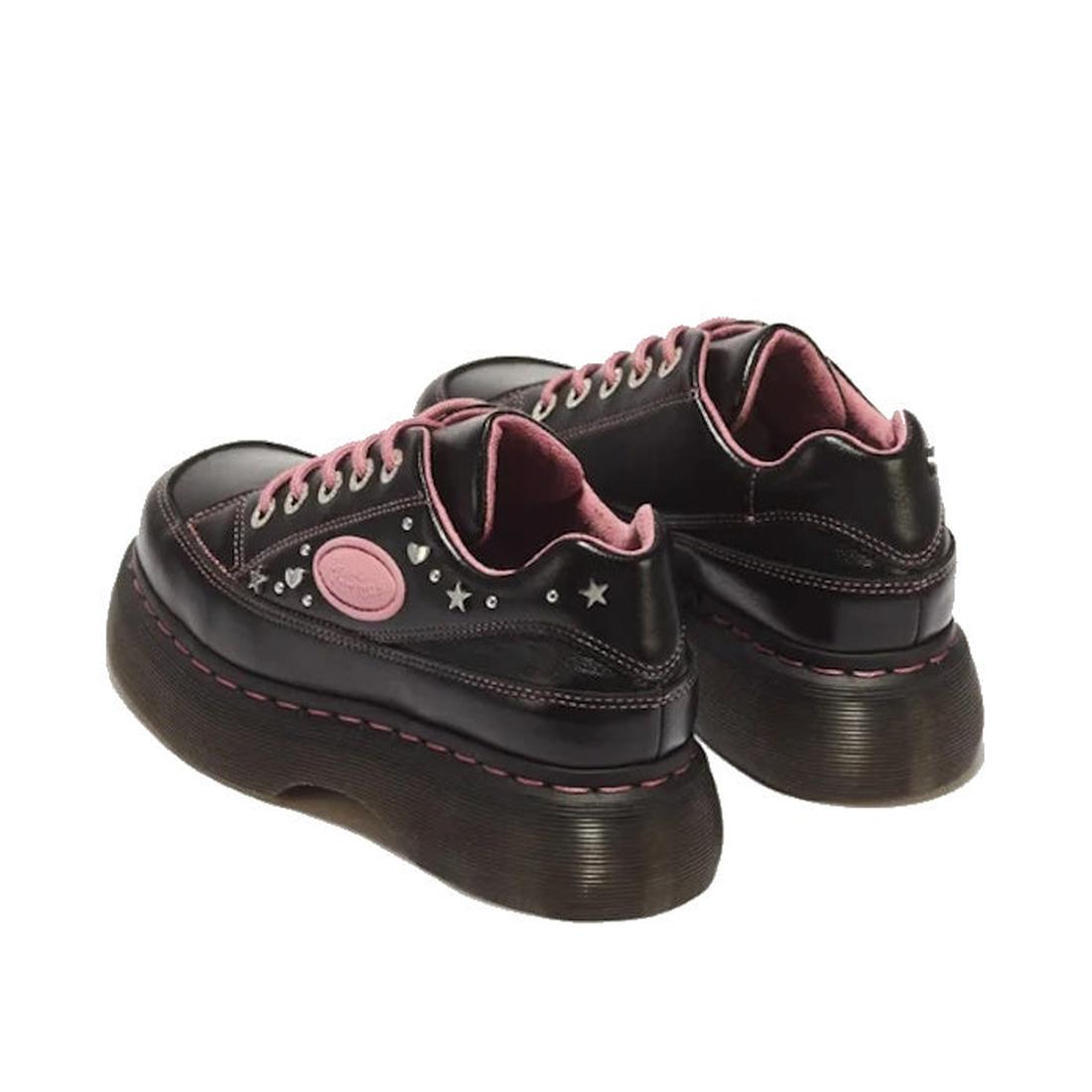 Dr Martens Buzz 5i Hearts & Stars Milled Gloss Leather Shoes in black with pink lining, pink stitching, and silver heart and star side accents on a Goodyear welted sole., 54732, 190665823745, 190665823752, 190665823776, 54736, 54737