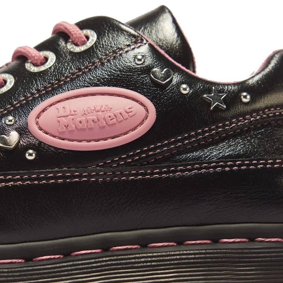 Dr Martens Buzz 5i Hearts & Stars Milled Gloss Leather Shoe in black with pink stitching, pink laces, silver heart and star embellishments, and a pink oval side logo., 54732, 190665823745, 190665823752, 190665823776, 54736, 54737
