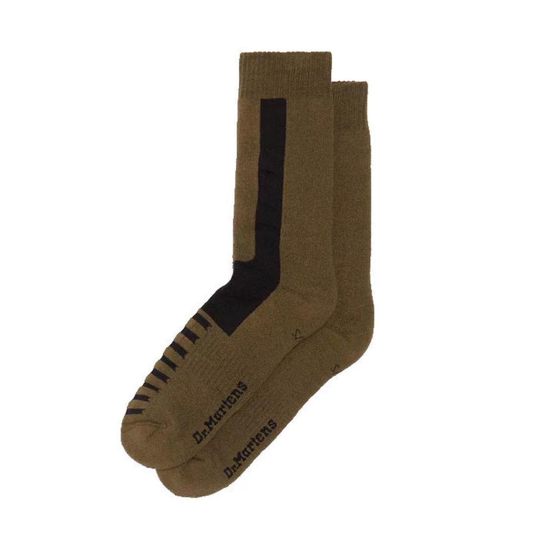 Dr Martens Socks Double Doc Sock Olive Unisex, cozy olive green crew socks with black stripe, comfy arch support, side by side.  ksnz
