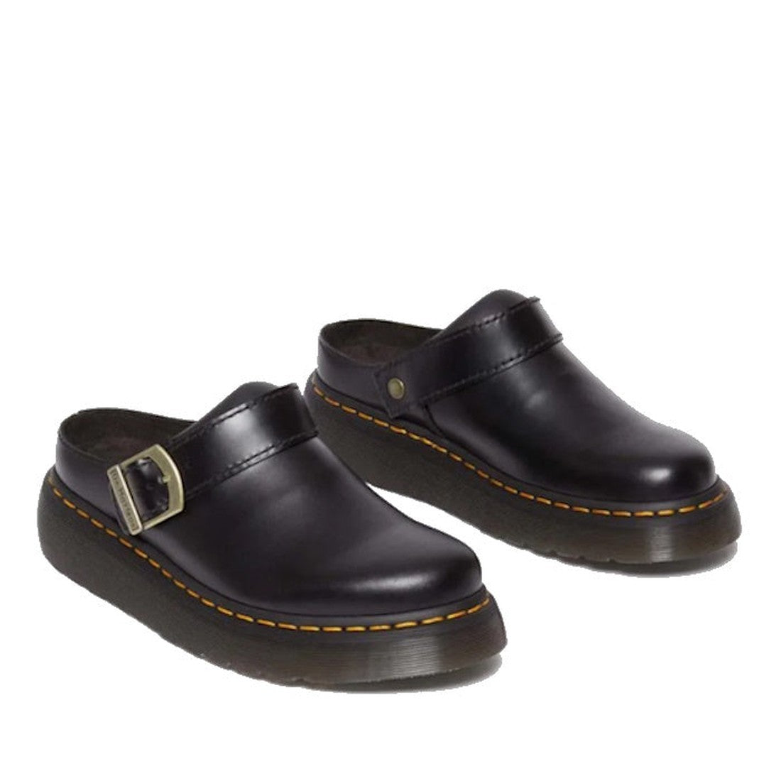The Dr Martens Laketen Black Atlas Archive Mule Slide Sandal features black leather uppers, thick rubber soles, yellow stitching, and a side buckle—capturing the classic Dr. Martens style in an easy slip-on clog design., 190665644302, 190665644319, 190665644333, 190665644340, 190665644357