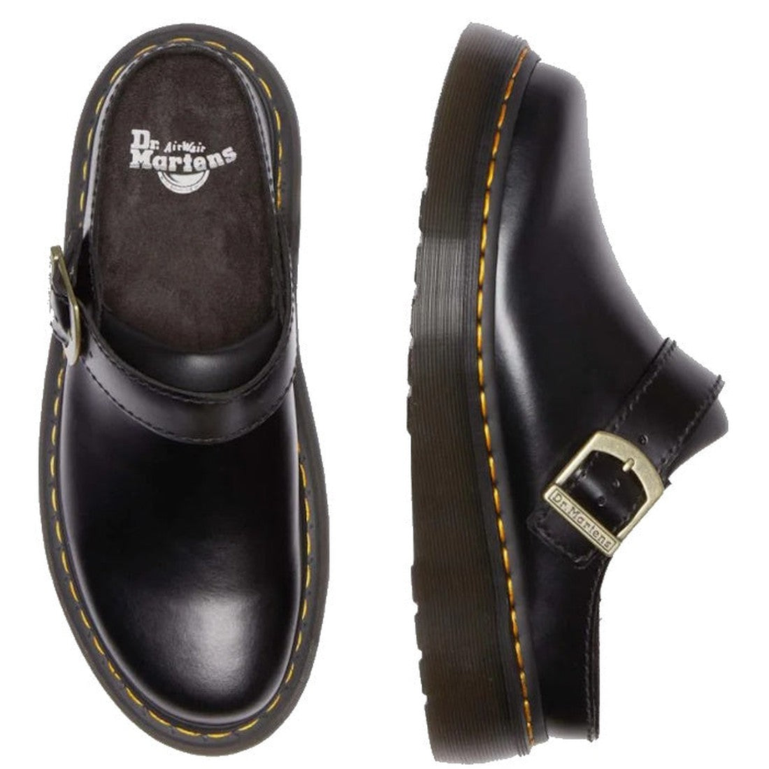 The Dr. Martens Laketen Black Atlas Archive Mule Slide Sandal features chunky platform soles, a buckle strap, signature yellow stitching, and Atlas leather. One shoe is shown from the top view, the other from the side., 190665644302, 190665644319, 190665644333, 190665644340, 190665644357