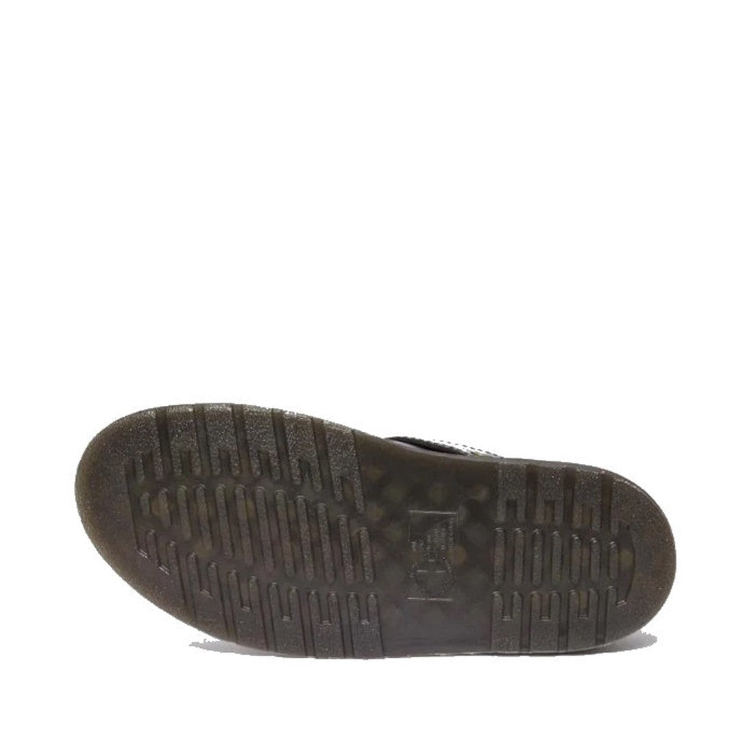 The image displays the bottom view of a single worn Dr Martens Laketen Black Atlas Archive Mule Slide Sandal, featuring a dark, textured sole with horizontal ridges and a central rectangular tread area against a plain white background.