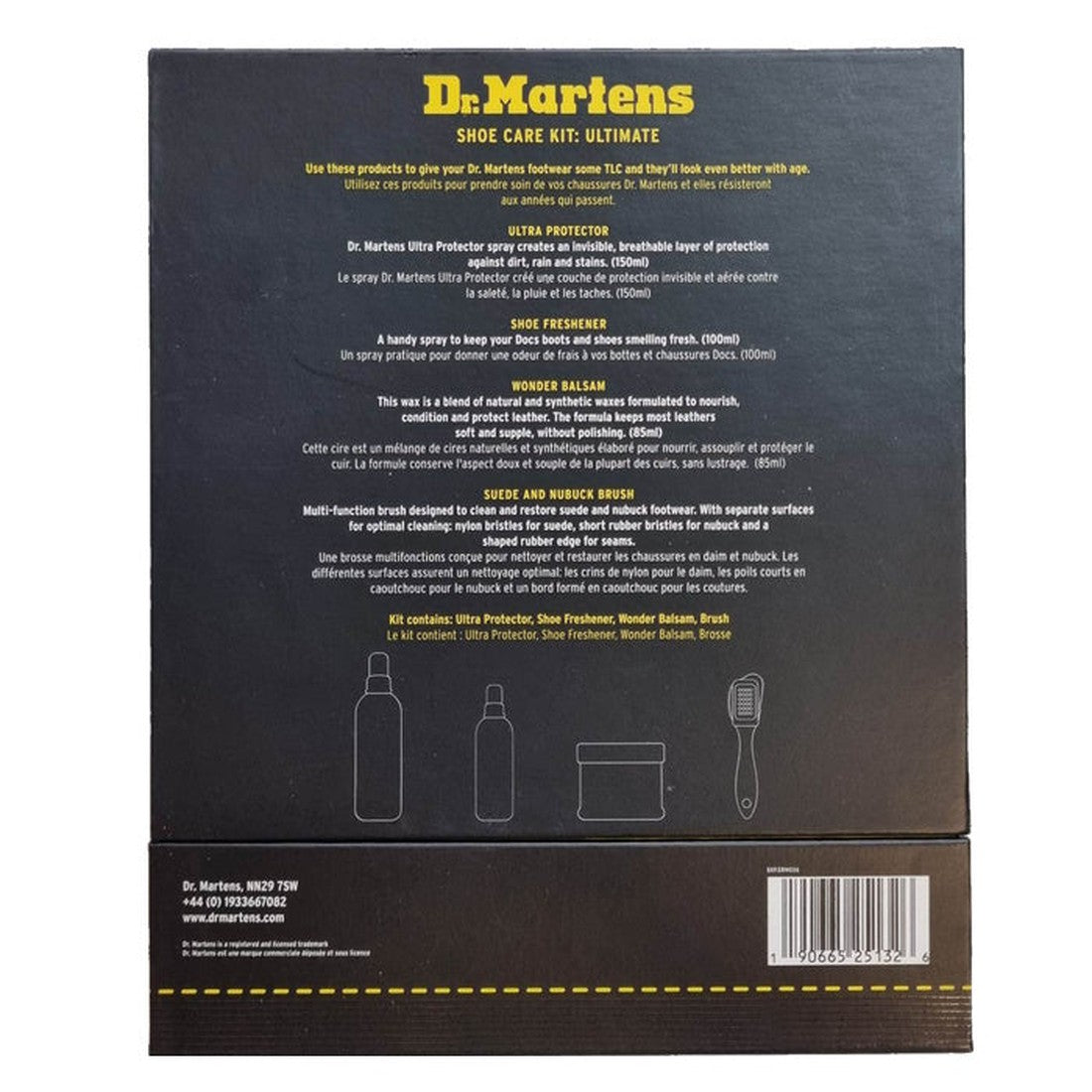 The back of the Dr Martens Shoe Care Kit Ultimate Box displays product descriptions, instructions, and icons—such as an Ultra Protector spray bottle, Wonder Balsam tin, and brush—against a sleek black background., 190665251326