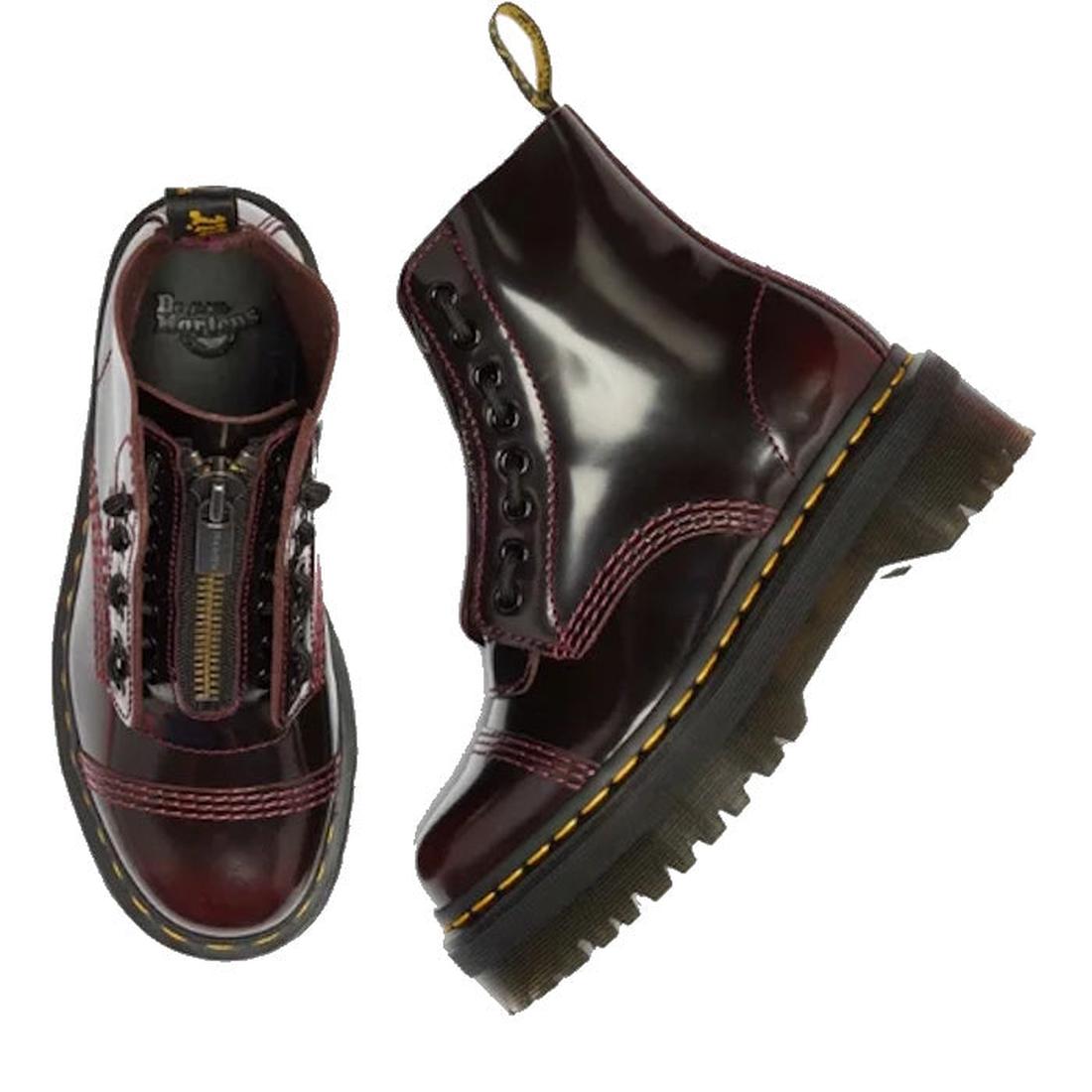 Dr Martens Sinclair Cherry Red Arcadia boots for the family, with sturdy platform soles, easy side zippers, laces, and yellow stitching.  ksnz, 51252, 190665278637, 190665278644, 190665278668, 51256