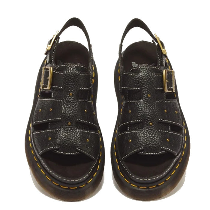 Dr Martens Wrenlie Flower Open Toe Black Milled Nappa Quad Sandals in black leather featuring gold-tone buckles, stud detailing, and yellow stitching along the Goodyear welted platform soles.