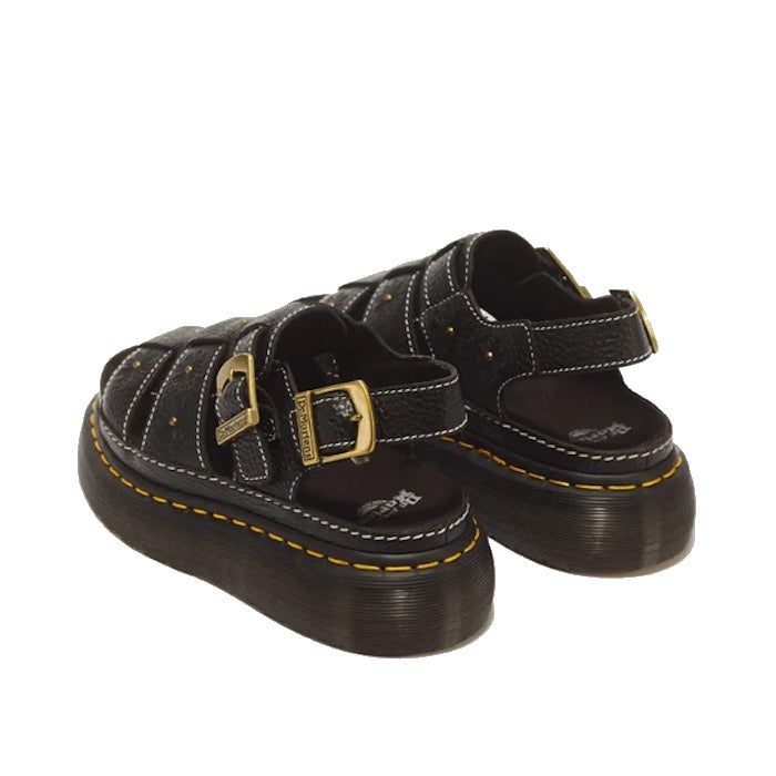 Dr Martens Wrenlie Flower Open Toe Black Milled Nappa Quad Sandal featuring black open-toe fisherman straps with white stitching, buckle closures, and a thick lug sole with Goodyear welted construction.