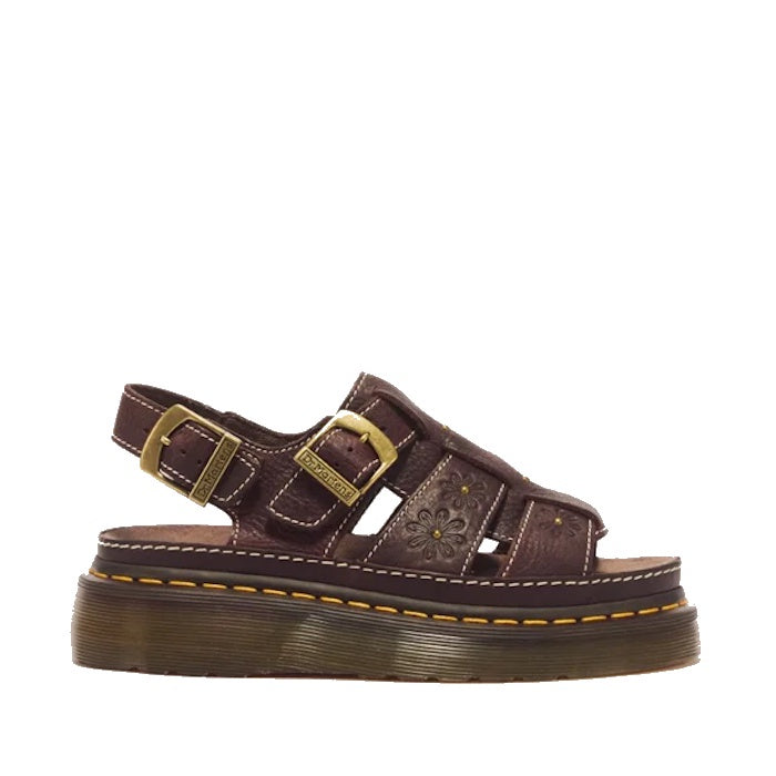 Dr Martens Wrenlie Flower Open Toe Dark Brown Grizzly Quad Sandal featuring a platform sole, two adjustable buckles, and embossed flower details on the straps.