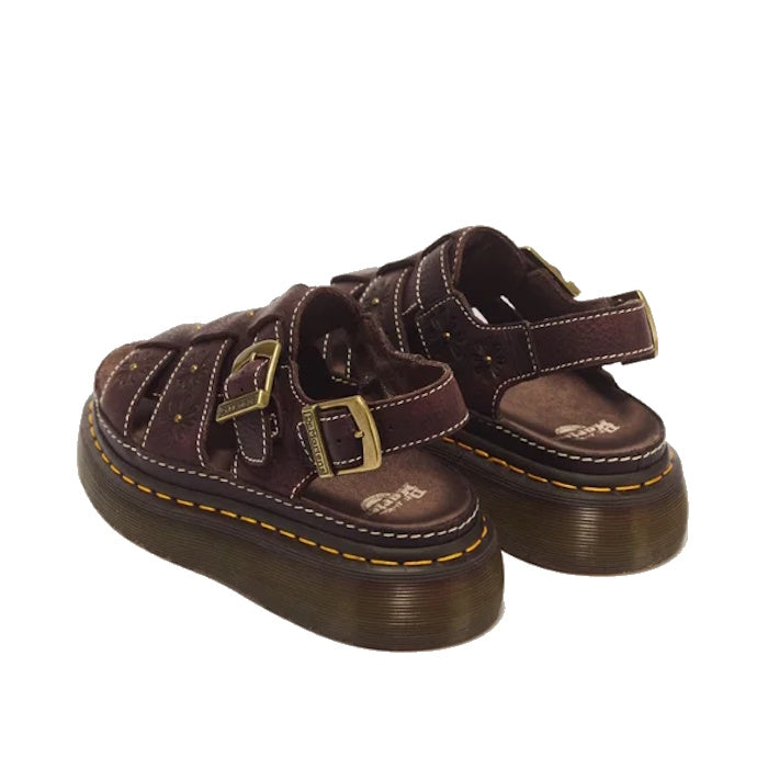 Dr Martens Wrenlie Flower Open Toe Dark Brown Grizzly Quad Sandals in dark brown leather featuring dual buckle straps, white stitching, and a platform Quad Shore sole with cutout details.
