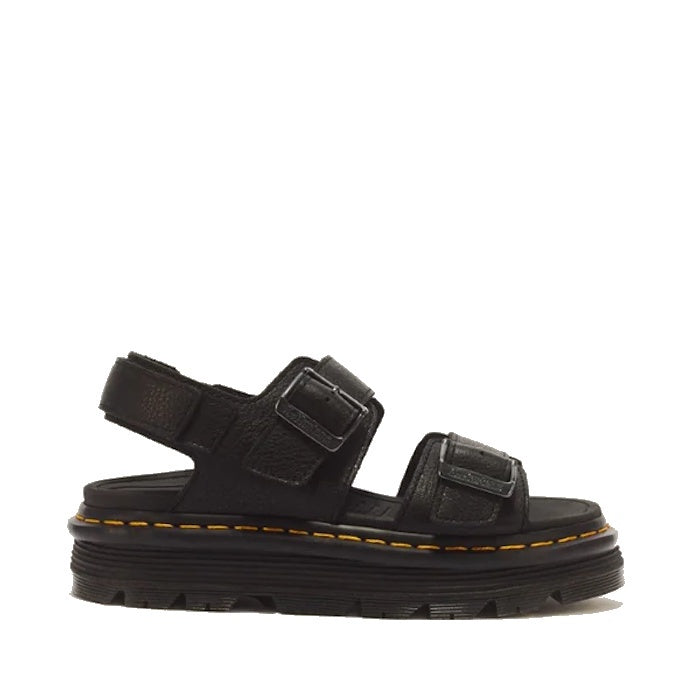 Dr Martens Zebzag Black Pisa Leather 3 Strap Sandal in black leather with three straps, a thick lugged sole, and yellow stitching.