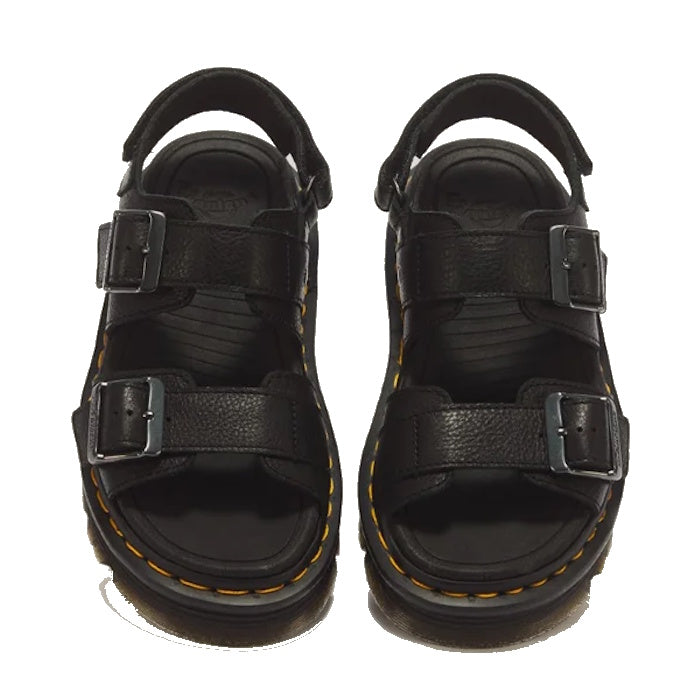 Dr. Martens Zebzag Black Pisa Leather 3 Strap Sandal featuring two adjustable buckled straps, a back heel strap, and yellow stitching along the air-cushioned soles.