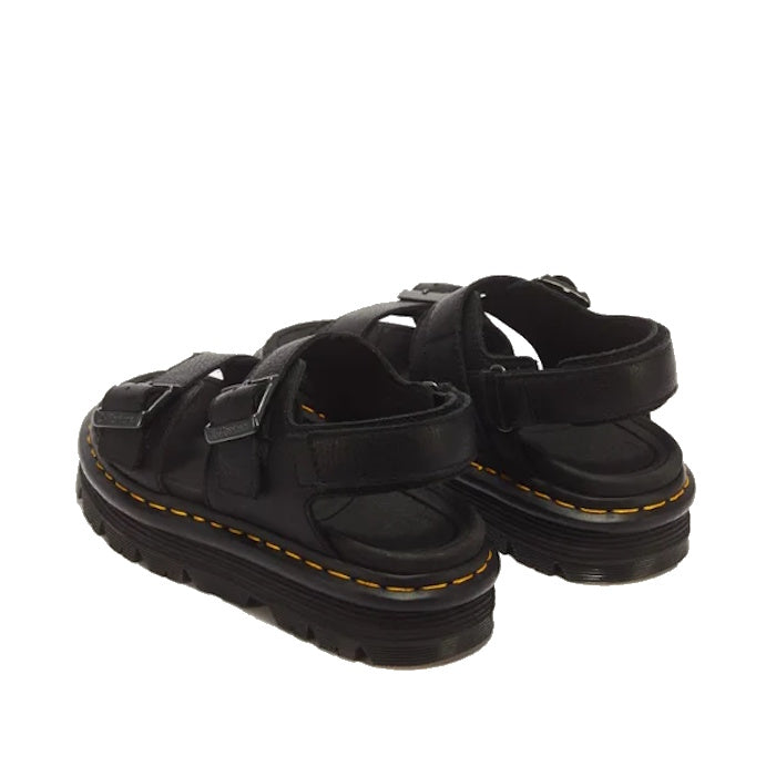 Dr Martens Zebzag Black Pisa Leather 3 Strap Sandal featuring black three-strap styling, thick lug soles, and yellow stitching along the air-cushioned welt.