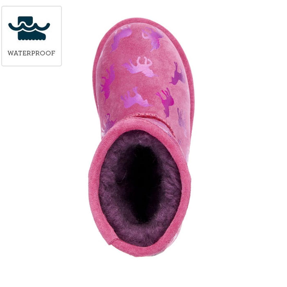 EMU NZ Kids Brumby Rainbow Unicorn Lo WATERPROOF Boots in pink with unicorn rainbows, plush wool lining, sturdy sole, and easy pull-on style.  ksnz
