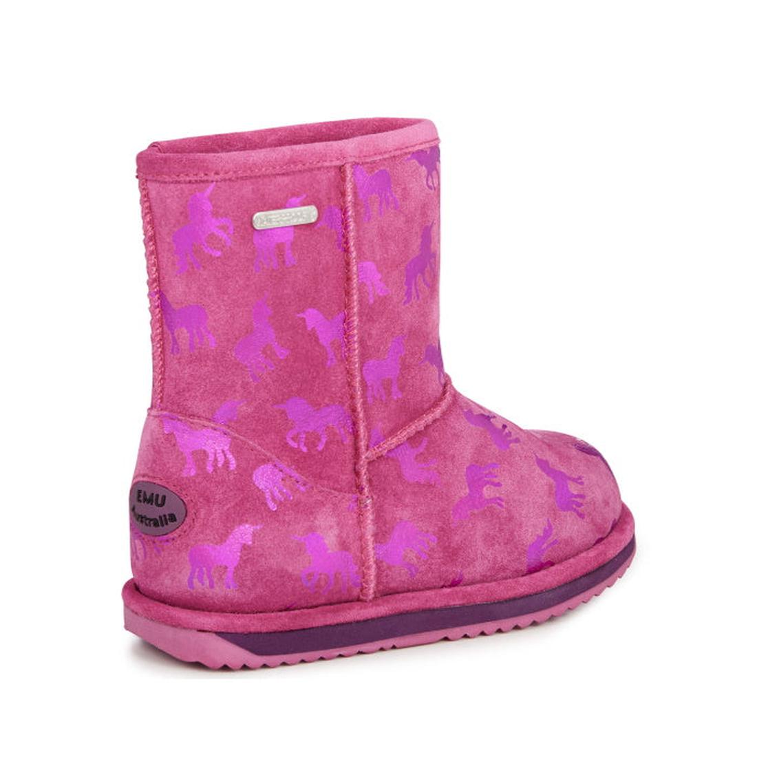 EMU NZ Kids Brumby Rainbow Unicorn Lo boot in cheerful pink with purple details, sturdy sole, easy pull-on style, and waterproof comfort.  ksnz