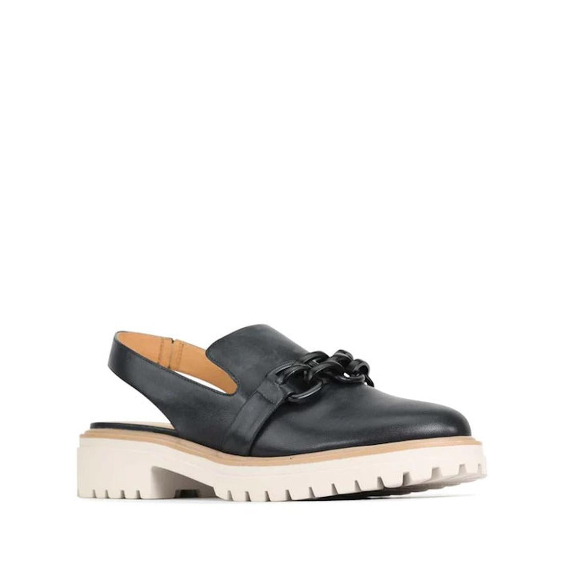 The EOS Ani Black Leather Sling Back Shoe features a chunky off-white lug sole and a bold metal chain detail on the upper.
