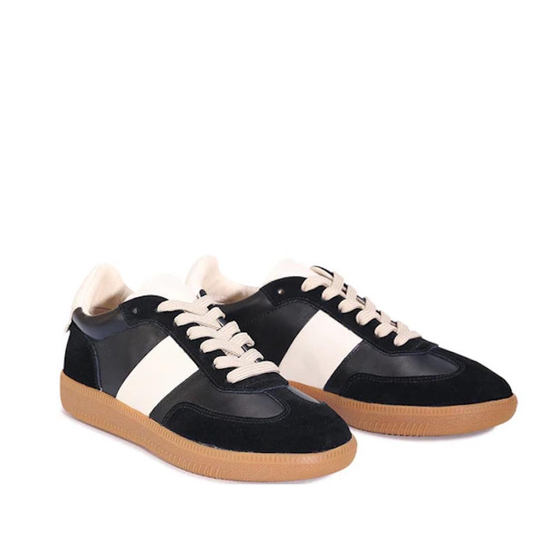 The EOS Antigo Black Leather Lace Up Trainer features white side panels, beige laces, a vintage gum sole, and a cushioned footbed, shown against a white background., 51636, 9321191255088, 9321191255095, 9321191255101, 9321191255118, 9321191255125, 51642