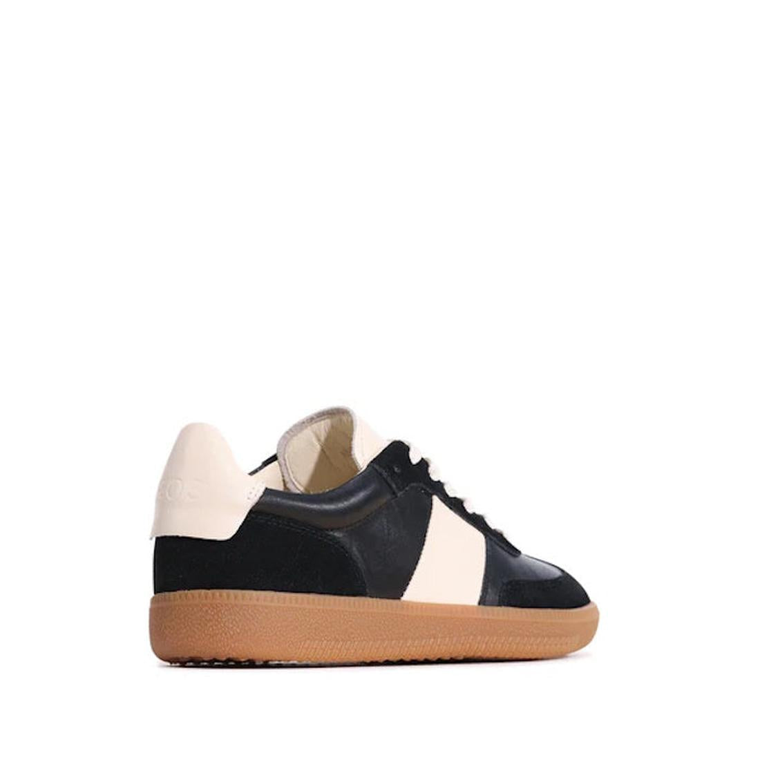 The EOS Antigo Black Leather Lace Up Trainer features a vintage gum sole, white laces, cushioned footbed, and a contrasting beige heel tab, shown against a white background., 51636, 9321191255088, 9321191255095, 9321191255101, 9321191255118, 9321191255125