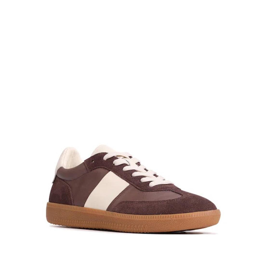 The EOS Antigo Cacao Brown Leather Lace Up Trainer features mid brown suede, a white side panel, white laces, a tan rubber sole, and a cushioned footbed for comfort, shown against a white background.
