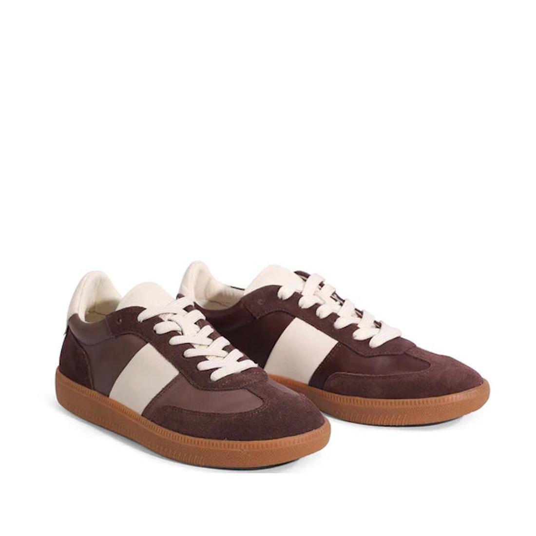 A pair of EOS Antigo Cacao Brown Leather Lace Up Trainers with white side panels, white laces, cushioned footbed, and tan rubber soles are shown side by side on a white background., 51643, 9321191255156, 9321191255163, 9321191255170, 9321191255187, 932119