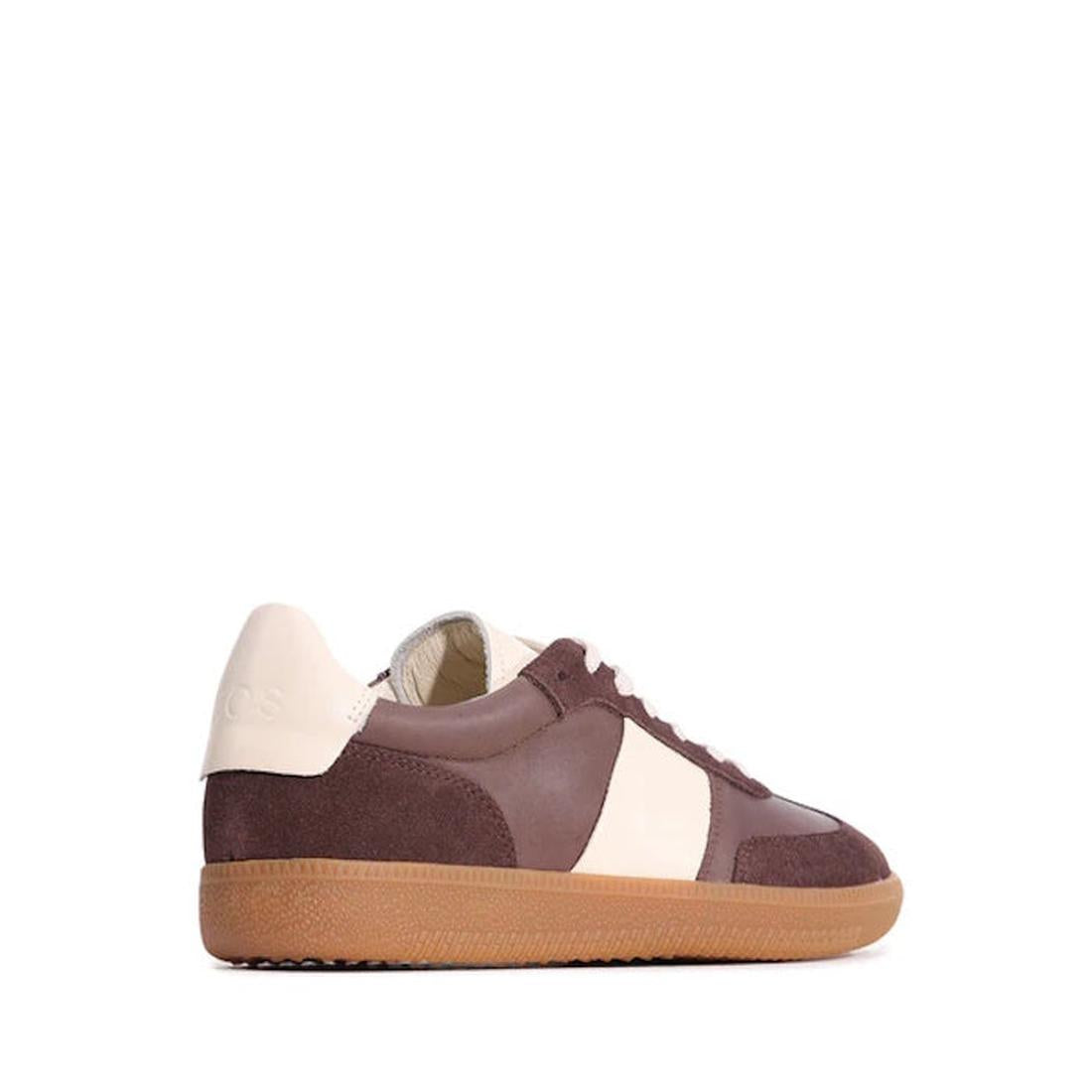 The EOS Antigo Cacao Brown Leather Lace Up Trainer is shown from the side and slightly behind, highlighting its brown and white suede leather panels, tan rubber sole, and cushioned footbed against a plain white background., 51643, 9321191255156, 932119125