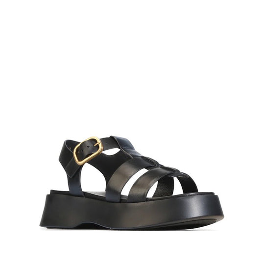 EOS Bario Black Leather Chunky Platform Sandal, featuring a black woven leather fisherman design with a thick platform sole and a gold-toned buckle.