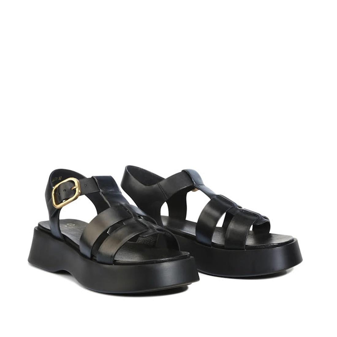 EOS Bario Black Leather Chunky Platform Sandal, featuring a pair of black leather fisherman sandals with a chunky platform sole and an adjustable gold-toned buckle at the ankle., 55019, 9321190084719, 9321190084726, 9321190084733, 9321190084740, 932119008