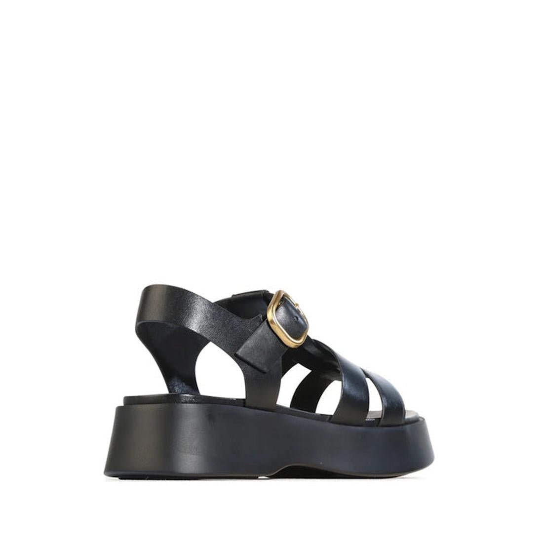 EOS Bario Black Leather Chunky Platform Sandal featuring a black leather fisherman design with a chunky platform sole and a gold-tone buckle strap., 55019, 9321190084719, 9321190084726, 9321190084733, 9321190084740, 9321190084757, 55025