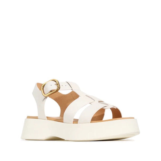 EOS Bario Bone Leather Chunky Platform Sandal: an off-white woven leather fisherman sandal with a platform sole and an adjustable gold-toned statement buckle.