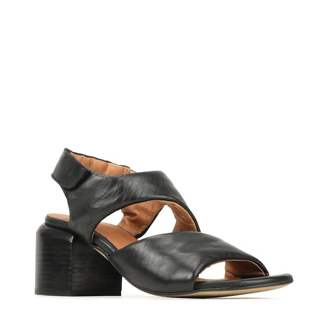 EOS Charbel Black Leather Womens Block Heel Sandals with sturdy sole, comfy crisscross straps, open toe, and easy slip-on closure.  ksnz