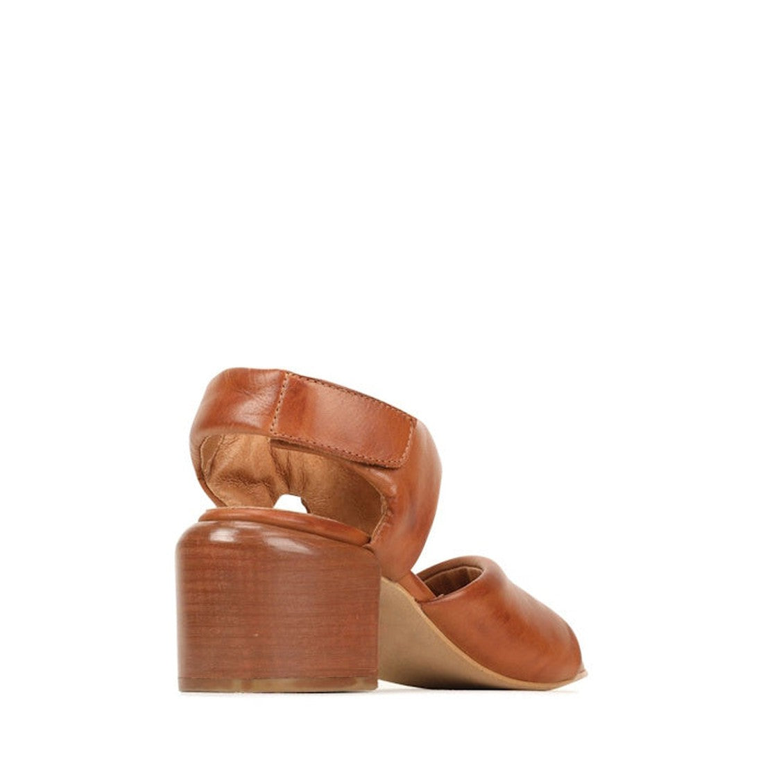 The EOS Charbel Brandy Tan Leather Block Heel Women's Sandals, shown from the back, feature a sturdy medium block heel and a closed heel counter with cutout design on a flat white surface against a plain background., 41235, 9321191240305, 9321191240312, 9