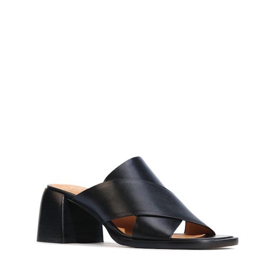 The EOS Iso Black Leather Heeled Sandal features an open toe, wide crisscross straps, a chunky mid-height block heel, and a tan insole, all in premium leather and shown on a white background., 9321191306735, 9321191306742, 9321191306759, 9321191306766, 93