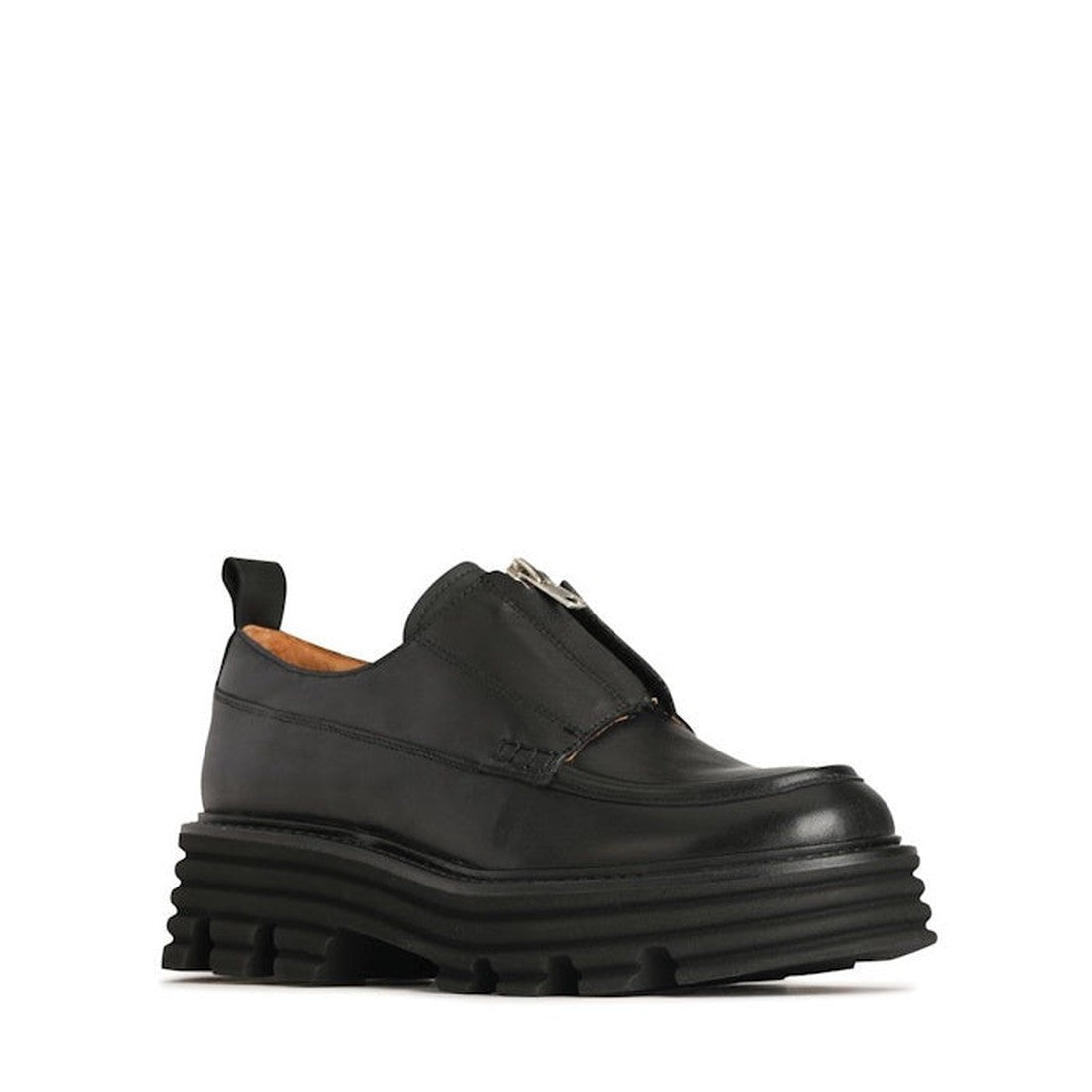 The EOS Jazzy Black Leather Zip Top Shoe features a chunky cashmere leather loafer design with a thick, ridged flatform heel, visible upper seam, adjustable front zipper closure, and heel pull tab. Displayed against a white background.
