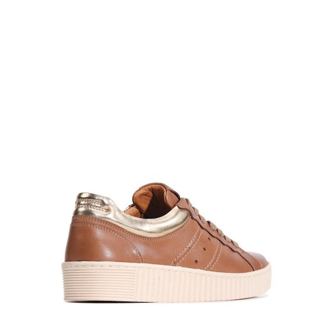 The EOS Jolie Pecan Leather Trainer With Zip is a brown low-top sneaker with a white sole and metallic gold heel accent, made from Italian Aniline Leather, shown angled from the back left against a white background., 47249, 9321191308418, 9321191308425, 9
