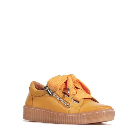 EOS Jovi Sunflower Yellow Leather Trainer, with a sturdy sole, cheerful color, comfy bow laces, and an easy side zip.  ksnz